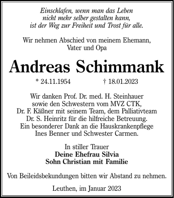 Traueranzeige Andreas Schimmank