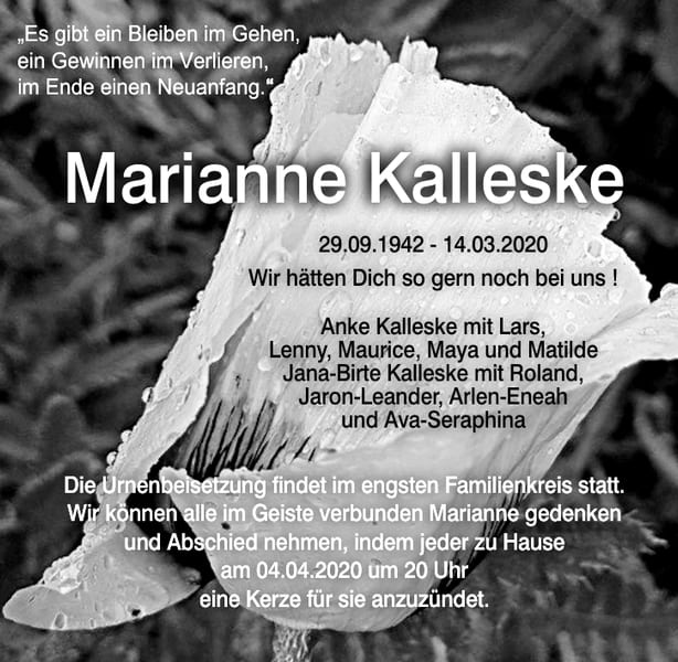 Traueranzeige Marianne Kalleske