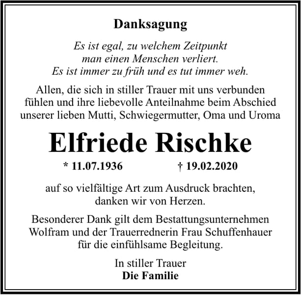 Danksagung Elfriede Rischke