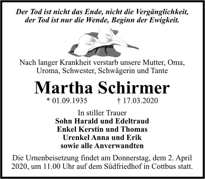 Traueranzeige Martha Schirmer