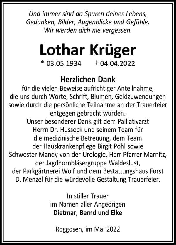 Danksagung Lothar Krüger