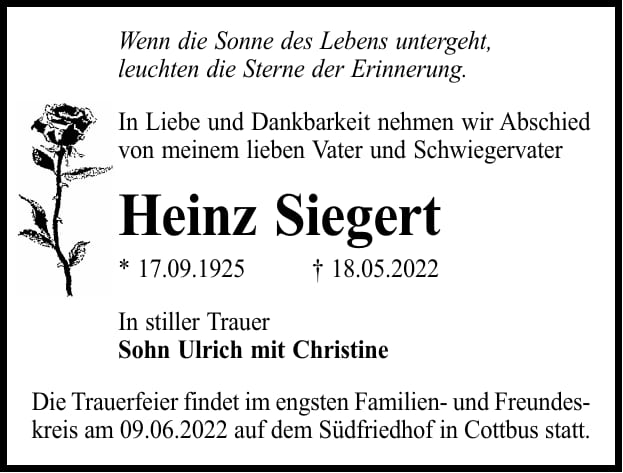 Traueranzeige Heinz Siegert