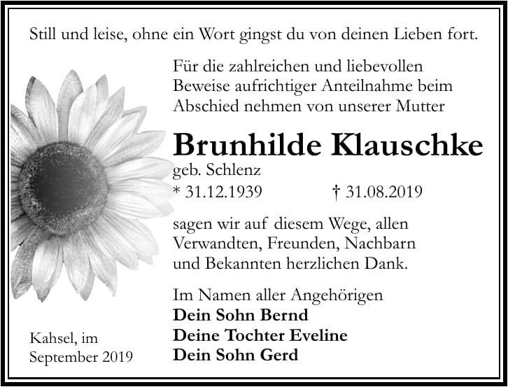 Traueranzeige Brunhilde Klauschke, geb. Schlenz
