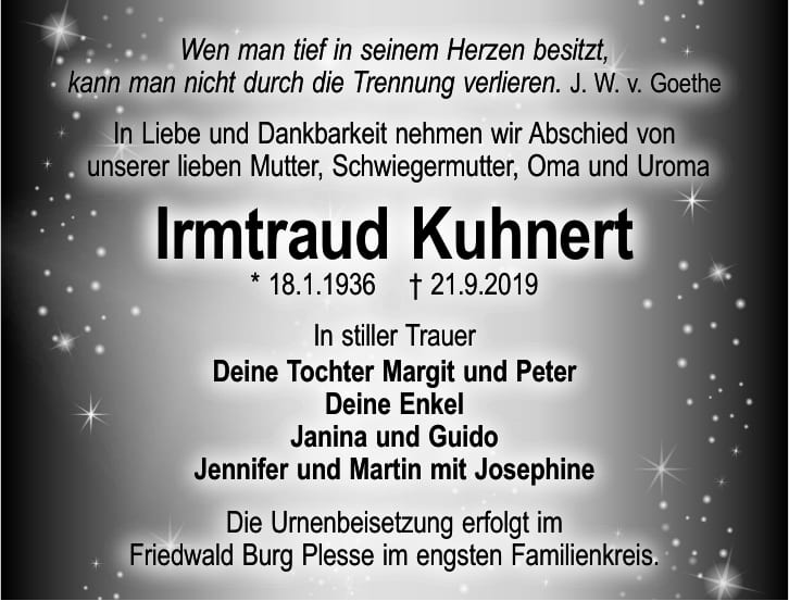 Traueranzeige Irmtraud Kuhnert