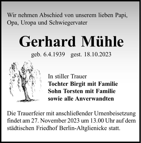 Traueranzeige Gerhard Mühle