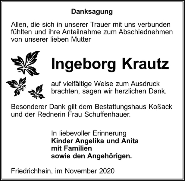 Traueranzeige Ingeborg Krautz