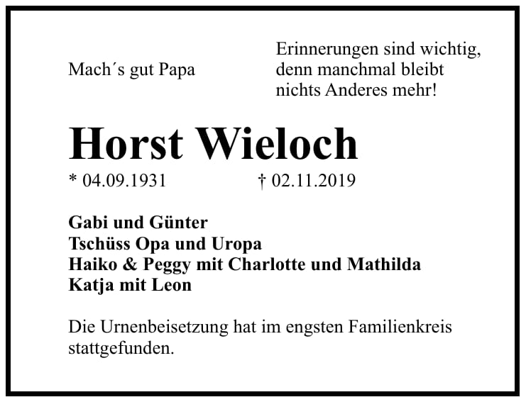 Traueranzeige Horst Wieloch