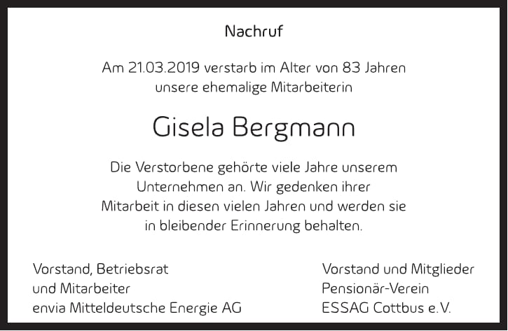 Traueranzeige Gisela Bergmann