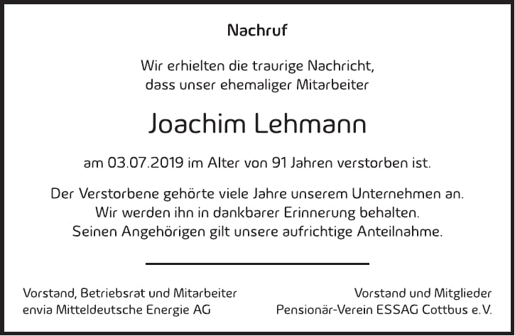 Traueranzeige Joachim Lehmann