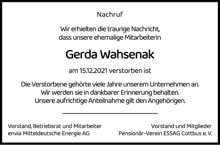 Nachruf Gerda Wahsenak