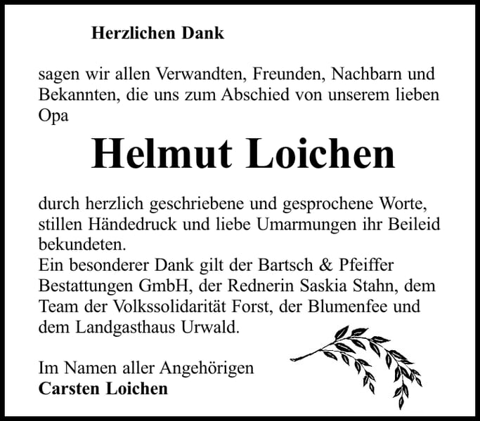 Danksagung Helmut Loichen