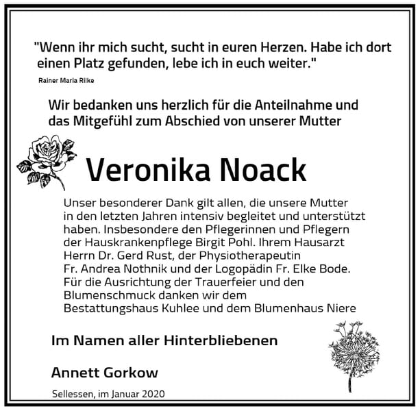 Traueranzeige Veronika Noack