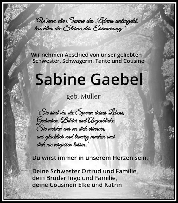 Traueranzeige Sabine Gaebel, geb. Müller