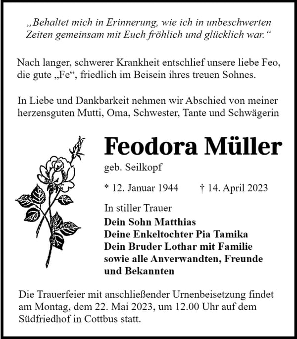 Traueranzeige Feodora Müller, geb. Seilkopf