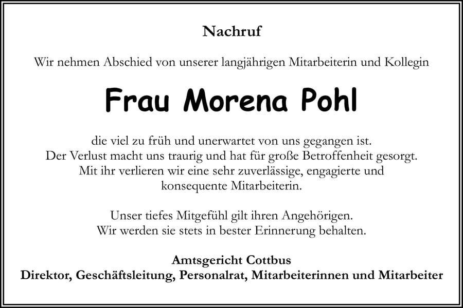 Traueranzeige Morena Pohl