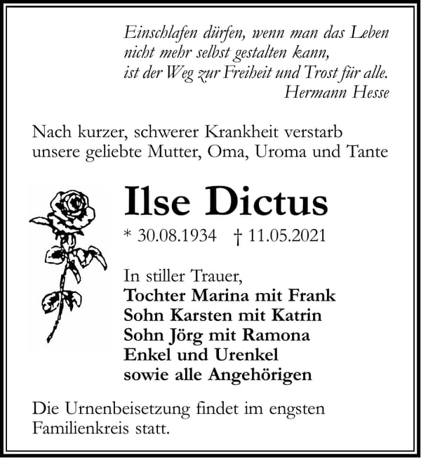 Traueranzeige Ilse Dictus