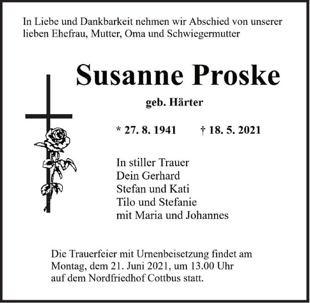 Traueranzeige Susanne Proske, geb. Härter