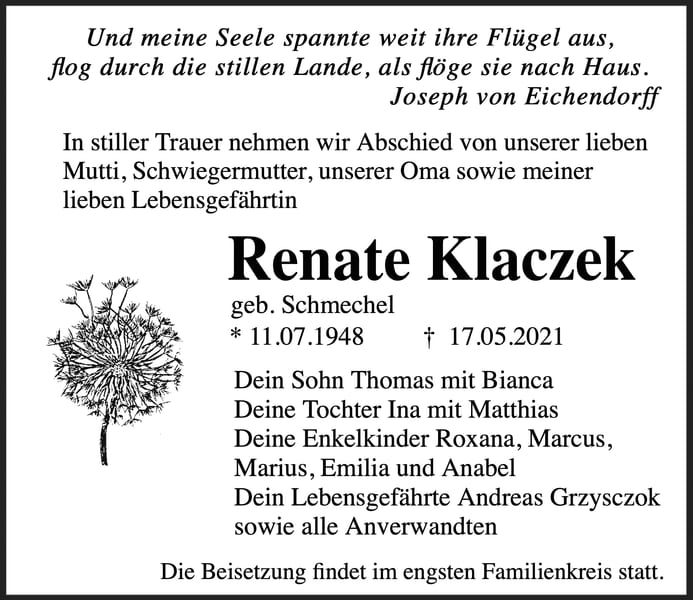 Traueranzeige Renate Klaczek, geb. Schmechel