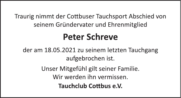 Traueranzeige Peter Schreve
