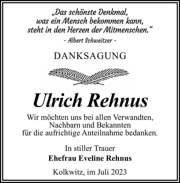 Danksagung Ulrich Rehnus