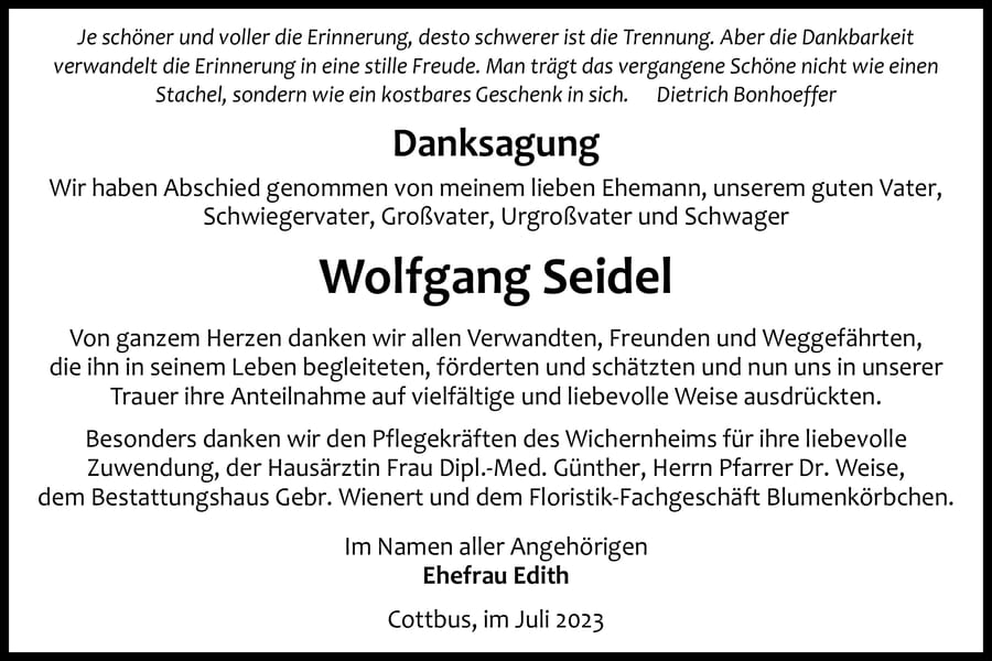 Traueranzeige Wolfgang Seidel