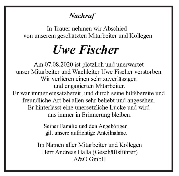 Traueranzeige Uwe Fischer