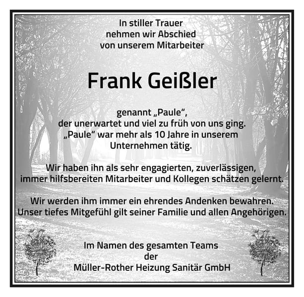 Traueranzeige Frank „Paule“ Geißler