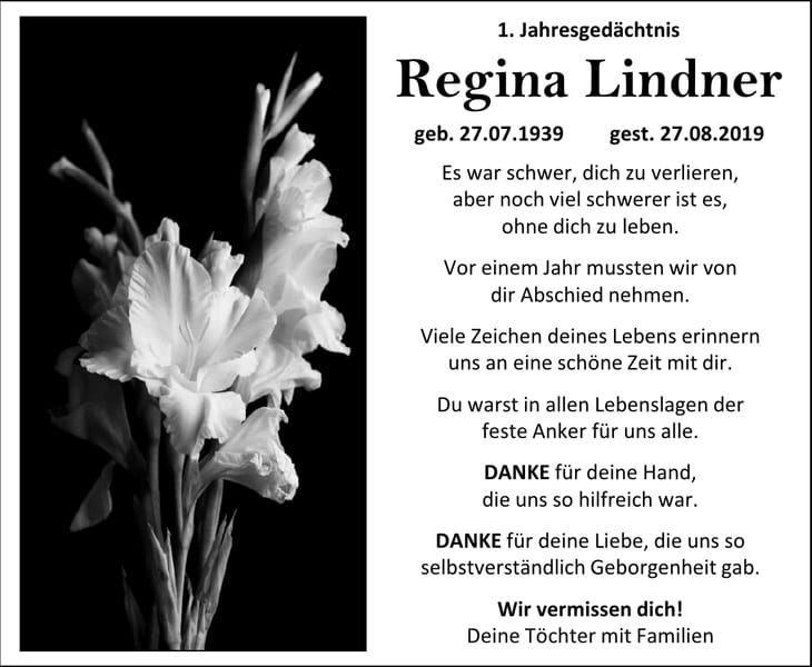 Jahresgedenken Regina Lindner