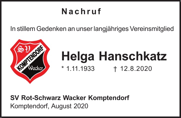 Traueranzeige Helga Hanschkatz