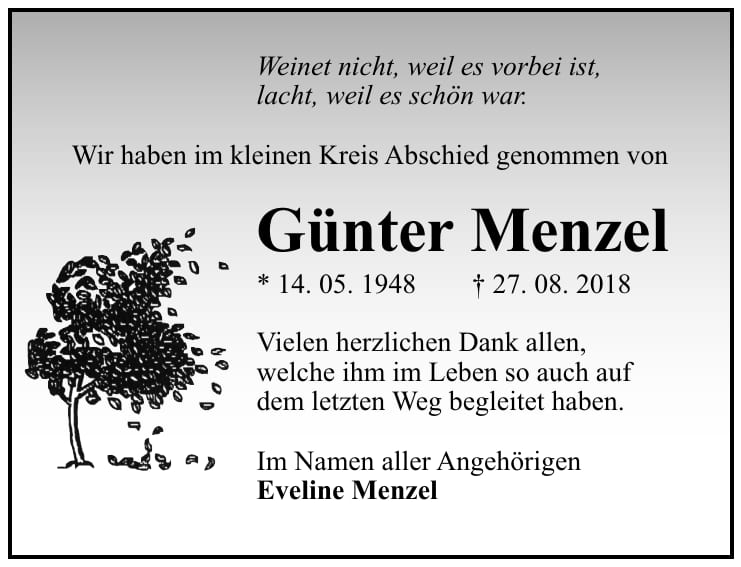 Traueranzeige Günter Menzel