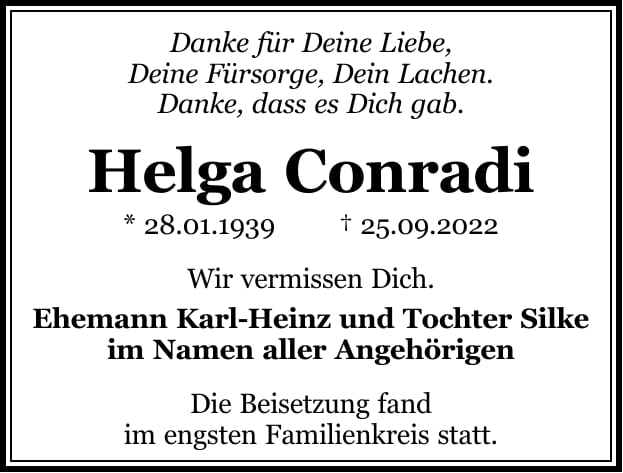 Traueranzeige Helga Conradi