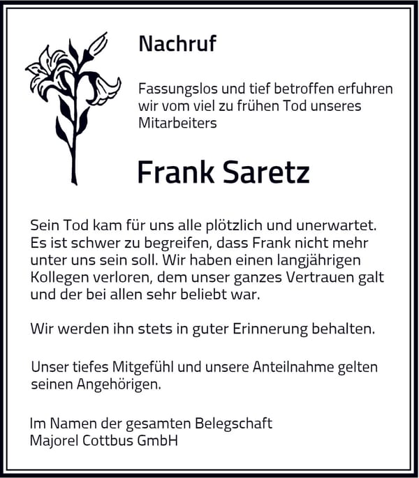 Nachruf Frank Saretz