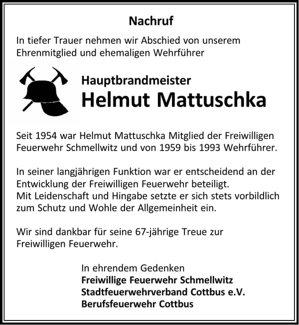 Traueranzeige Helmut Mattuschka