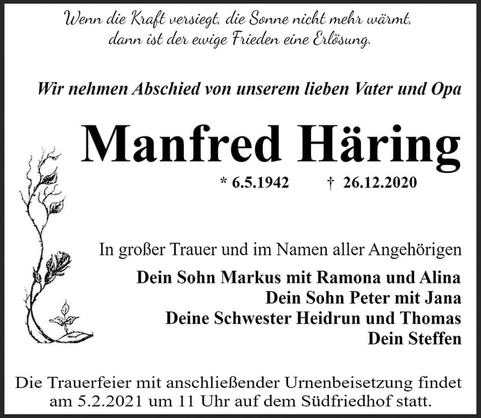 Traueranzeige Manfred Häring
