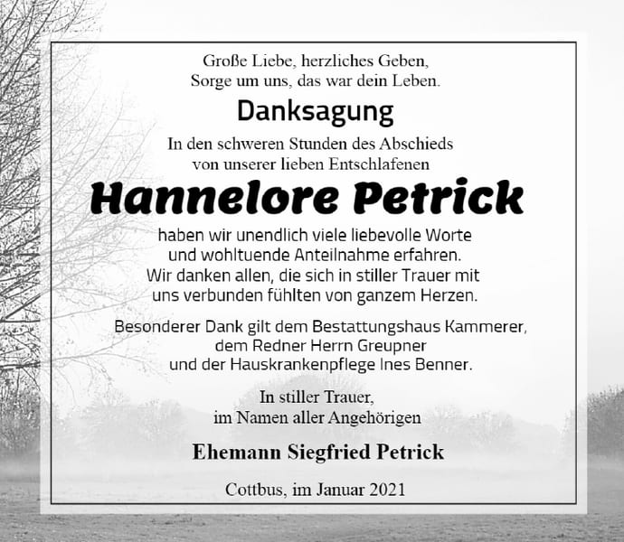 Traueranzeige Hannelore Petrick