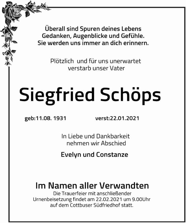 Traueranzeige Siegfried Schöps
