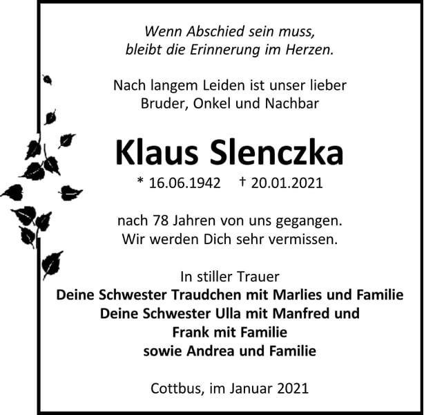 Traueranzeige Klaus Slenczka