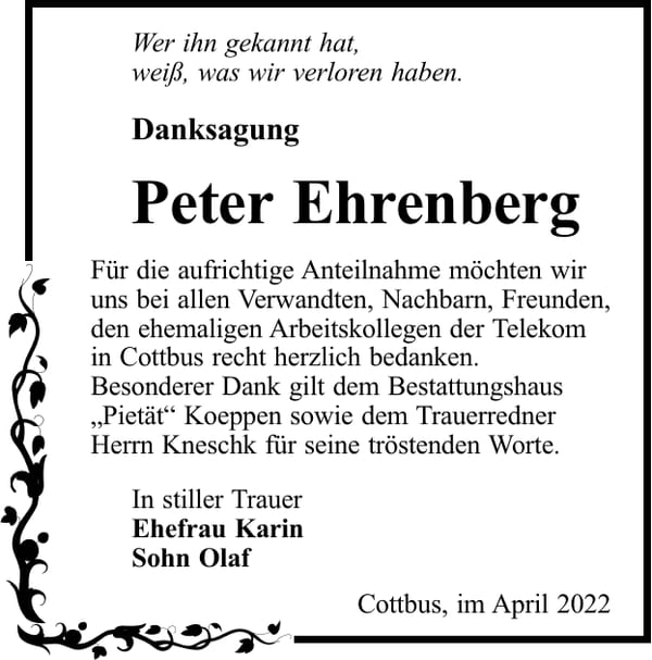 Danksagung Peter Ehrenberg