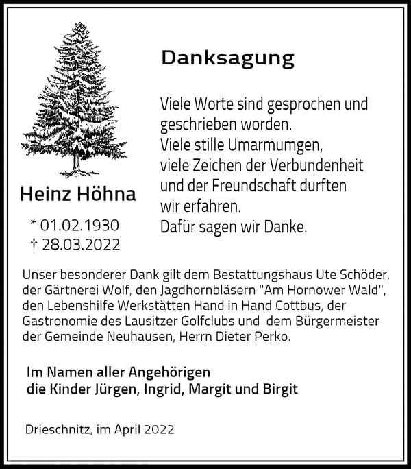 Danksagung Heinz Höhna