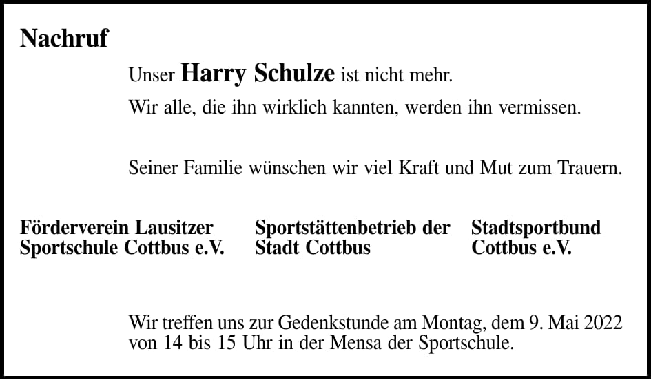 Nachruf Harry Schulze