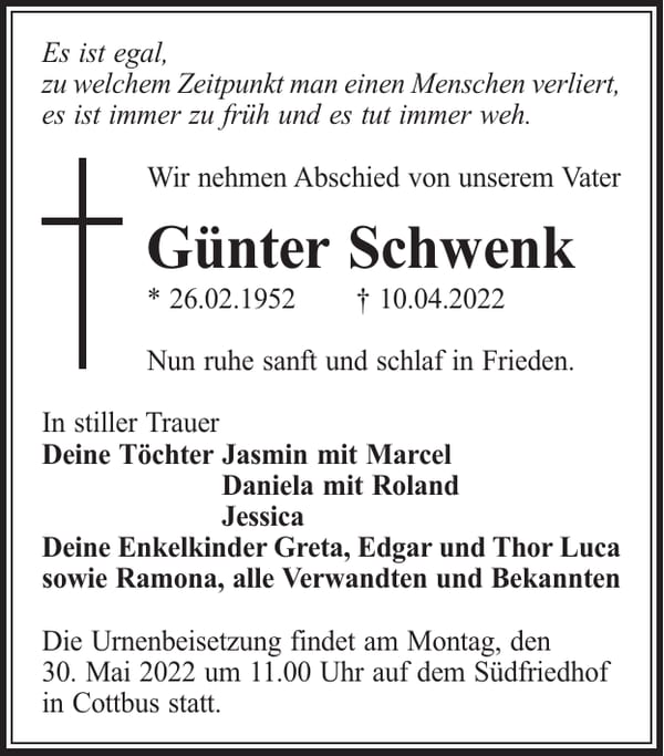 Traueranzeige Günter Schwenk