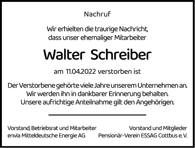 Nachruf Walter Schreiber