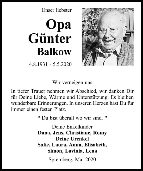 Traueranzeige Günter Balkow