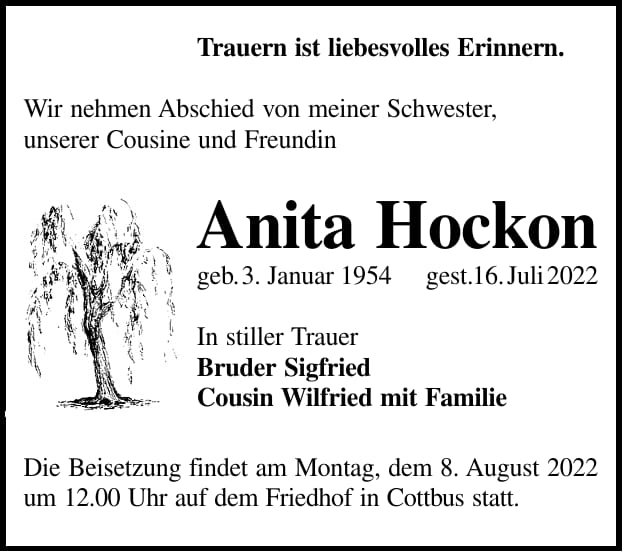 Traueranzeige Anita Hockon