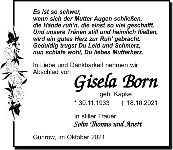 Traueranzeige Gisela Born, geb. Kapke