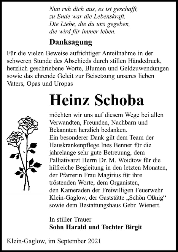 Danksagung Heinz Schoba