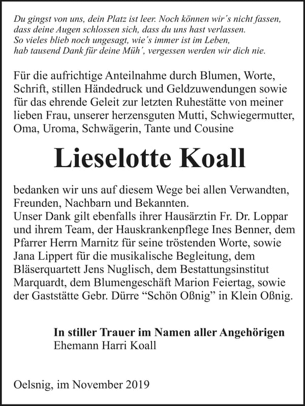 Danksagung Lieselotte Koall