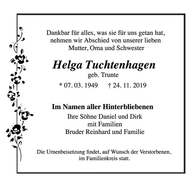Traueranzeige Helga Tuchtenhagen, geb. Trunte