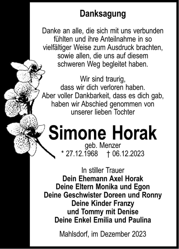 Danksagung Simone Horak, geb. Menzer