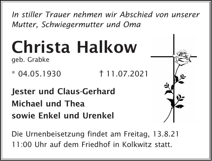 Traueranzeige Christa Halkow, geb. Grabke